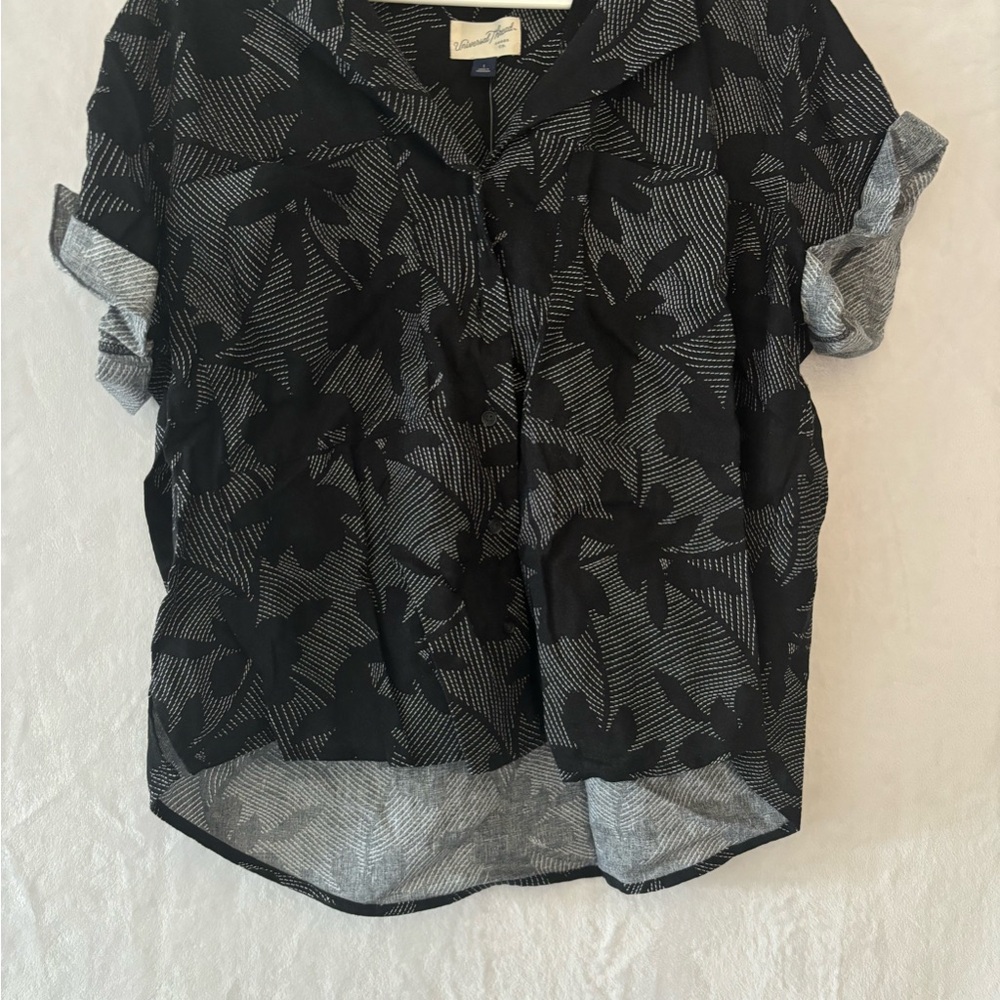 Black Floral Women's Button Down Linen Top